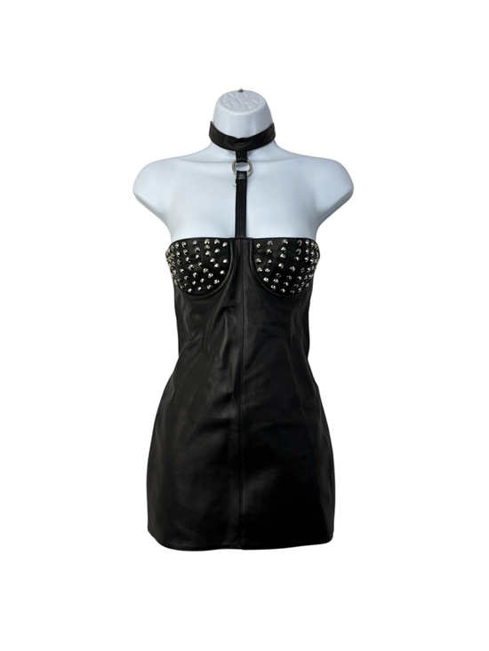 Elegant Moments Dresses & Skirts - Elegant Moments 100% Genuine Leather Studded Mini Dress Lingerie Choker Neck S